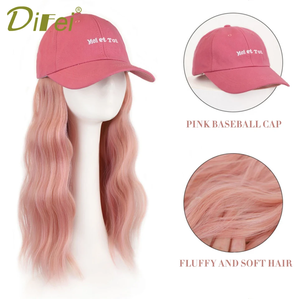 One Piece Synthetic Pink Hat Wig Long Water Wave Hair With Baseball Hat Adjustable Hat Wig Heat-resisting Fiber Natural Wig Cap