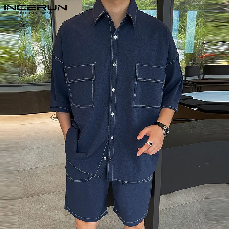 INCERUN 2024 Korean Style Men's Sets Line Splicing Design Short Sleeved Shirt Shorts Casual Streetwear Male Two-piece Sets S-5XL