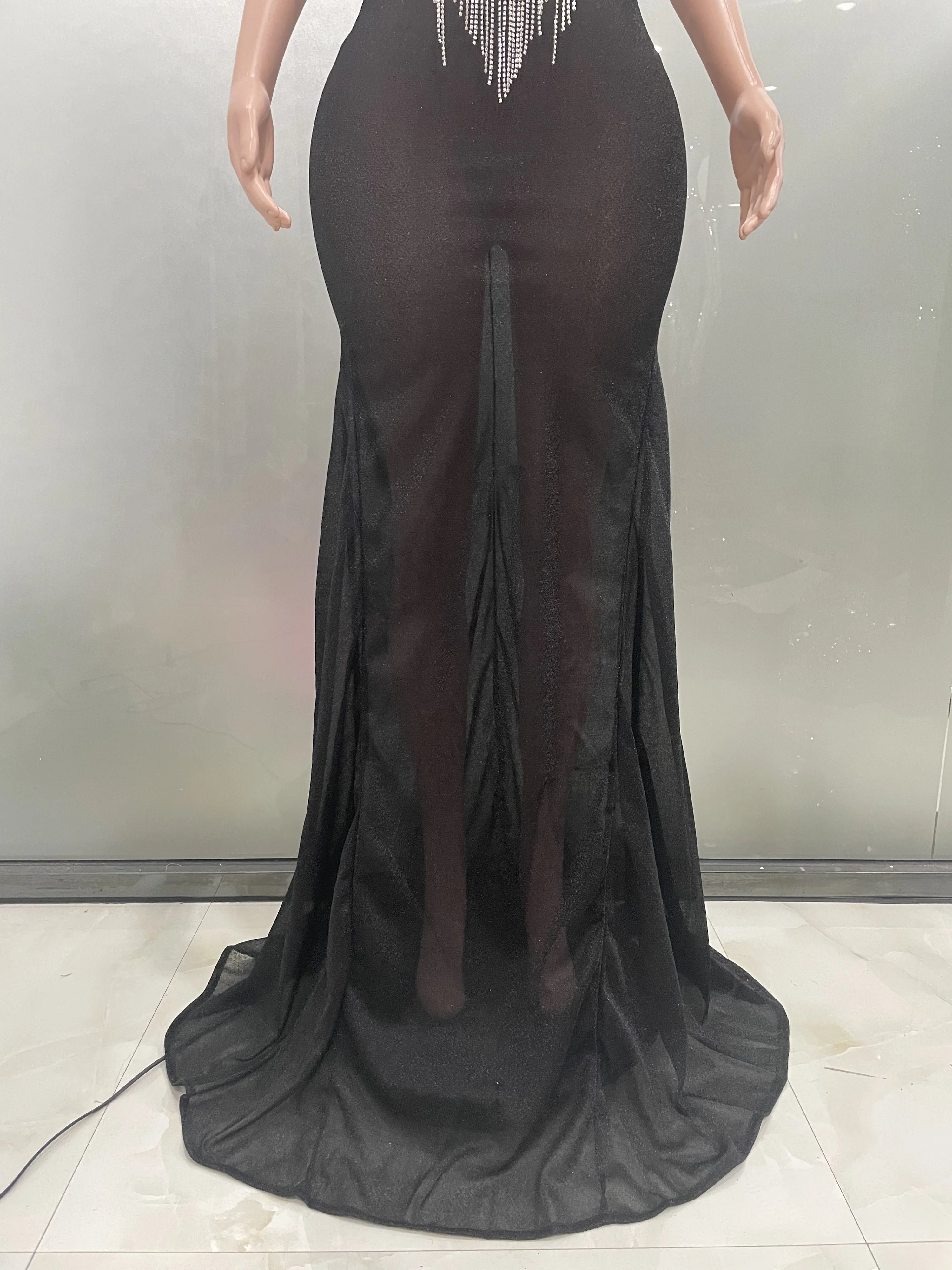 ストック レディース ノースリーブ セクシー ダイヤモンドチェーン メッシュ ロング丈 ボディコン ドレス エレガント イブニングパーティー セレブレーションドレス ベスティード