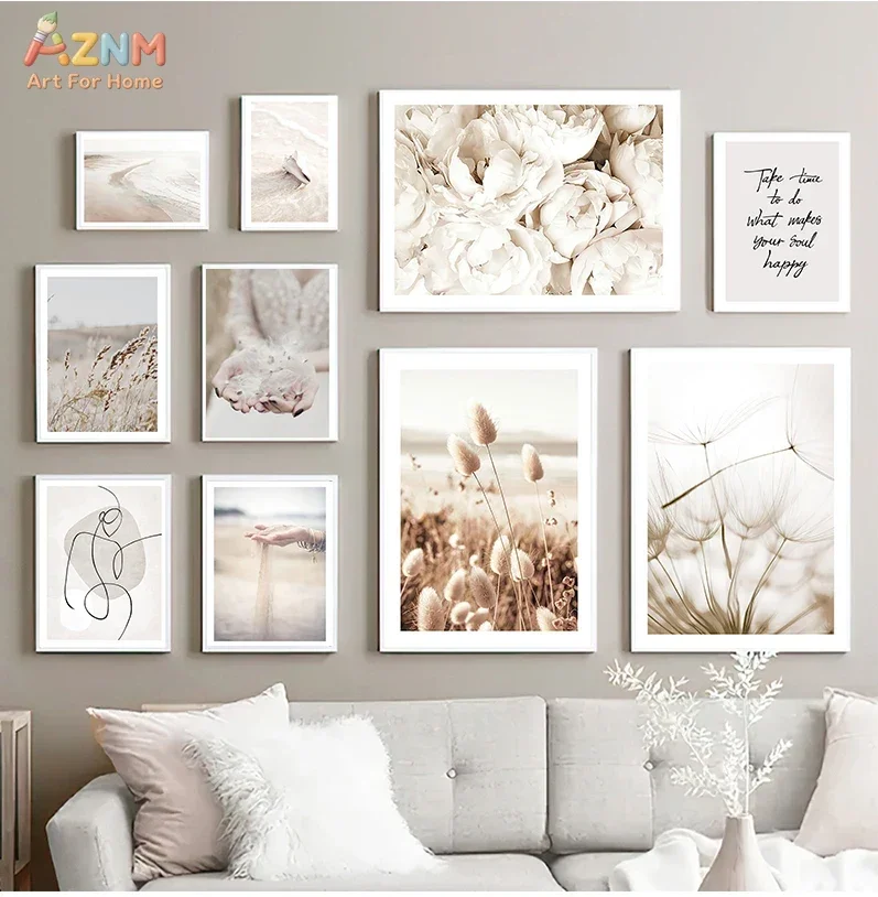 AZNM Neutral Beige Boho Canvas Wall Art, Frameless Canvas Print Ocean Beach Dandelion Floral Line Art Positive Quote for Living