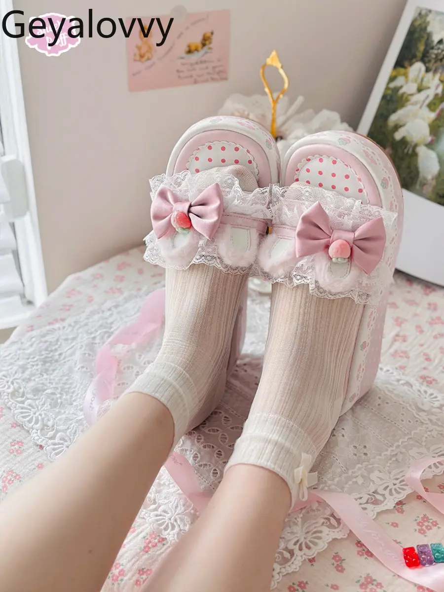 

Japanese Style Lolita Bowknot Lace Platform Slippers 2026 Summer New Sweet Cute Women's Casual Fashion Sandals Shoes