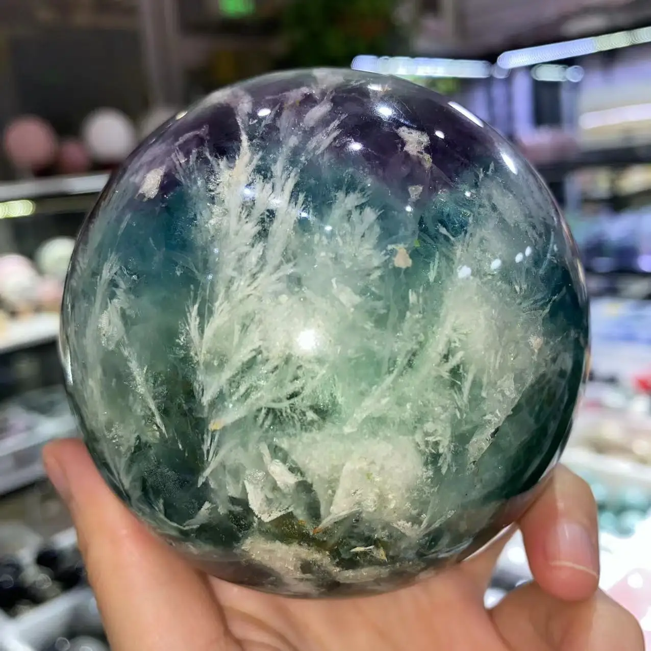 Natural Feather Fluorite Crystal Energy Ball, Reiki Healing