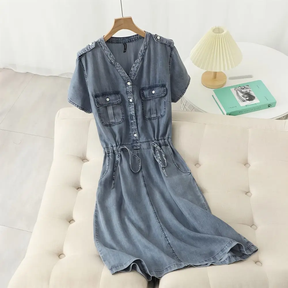 

Denim Short-sleeved Dress Female 2024 Summer New V-neck Fashion Temperament Leisure Slim Long Elegant Fairy Skirt Tide D173