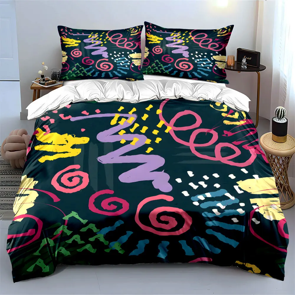 Abstract colorful doodle lines Print Bedding Set 1 Duvet Cover 2 Pillowcases for Adult and Children Luxury Gift Full Size