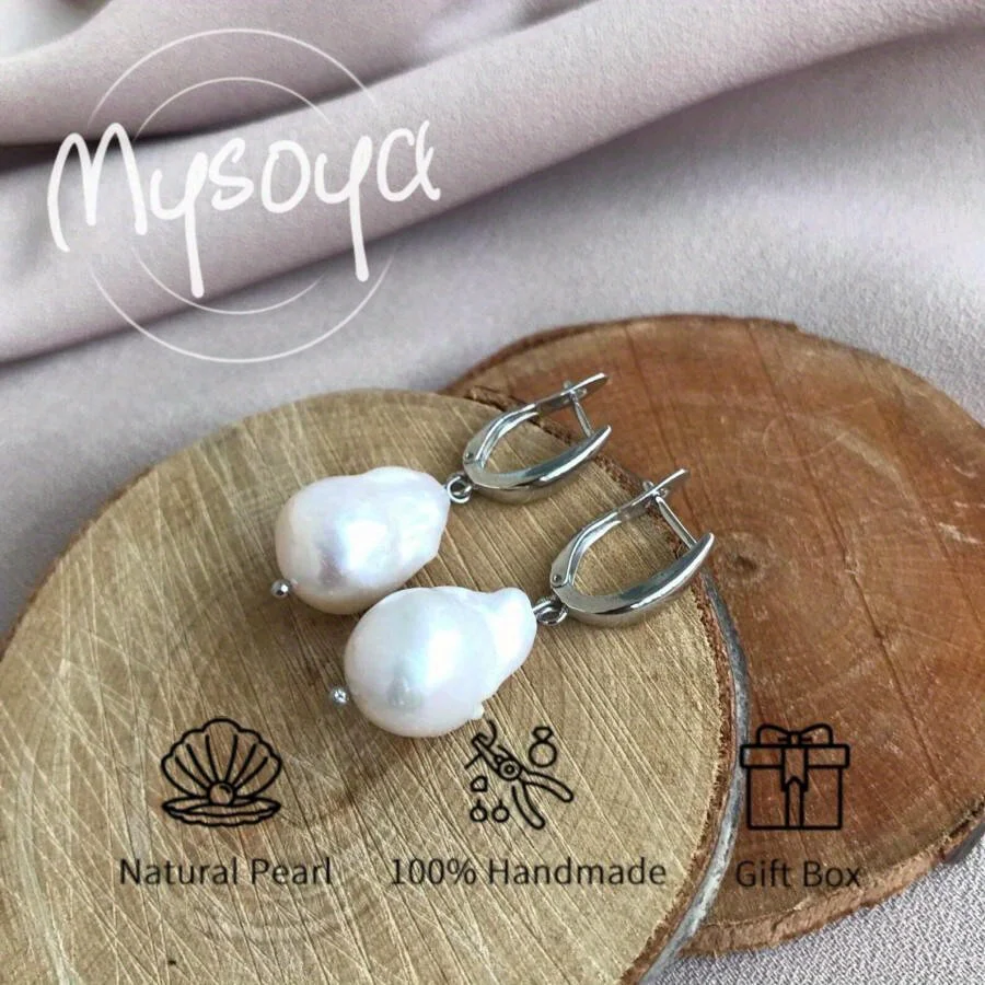 

Mysoya Large White Baroque Freshwater Pearl Earrings 10-12mm Pearls Gift Box for Him Her for Birthday Wedding Valentine's Day