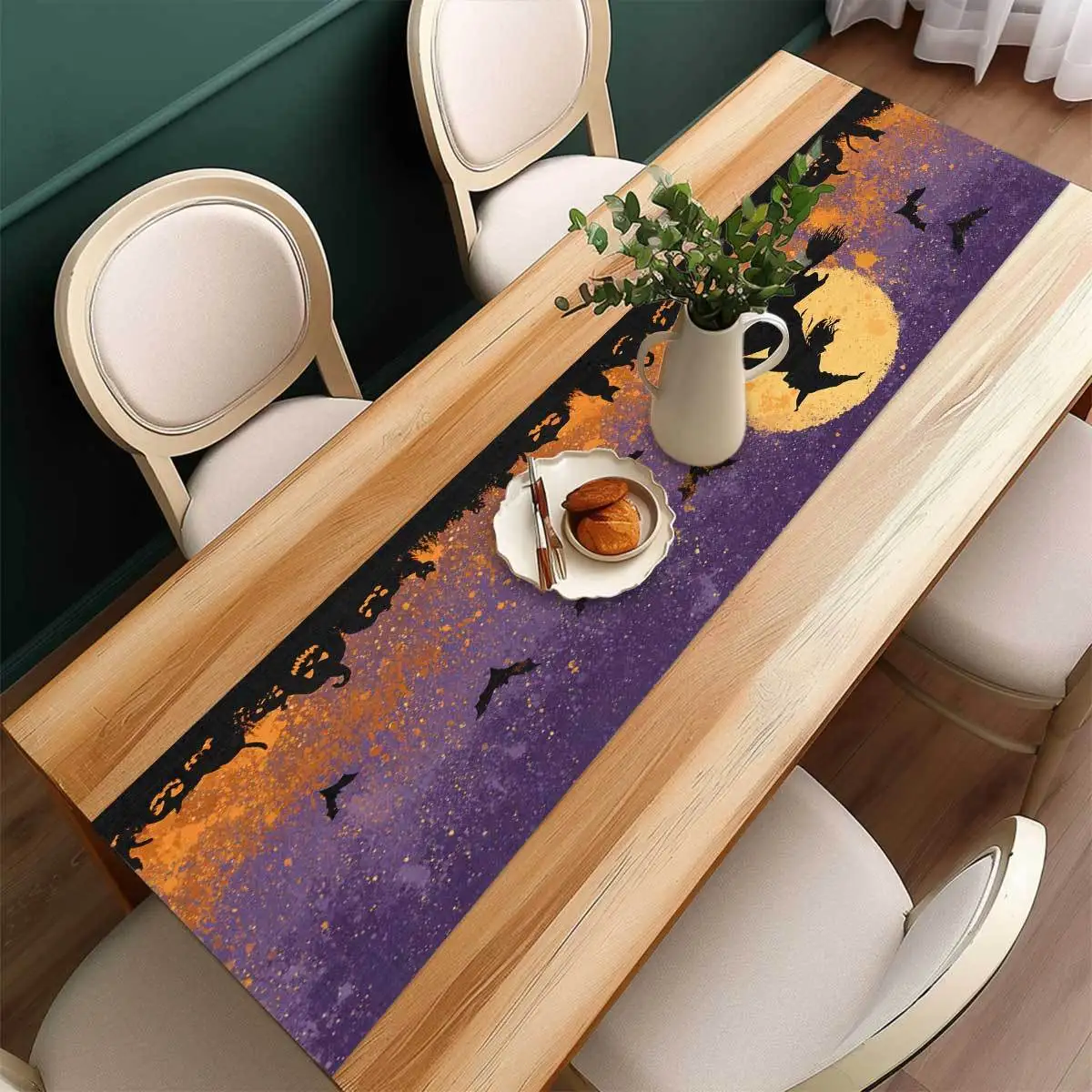 1pc Halloween Witch Silhouette Table Runner Ink Splatter Design with Bats for Spooky Party Decor Dining Room Living Room Decor