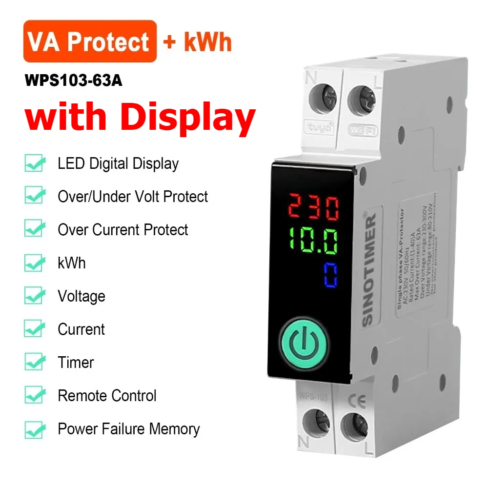 WiFi Smart Tuya 220V Voltage Protector 1P 63A Timer Power Energy kWh Current Meter Voice Remote Control Switch Circuit Breakers