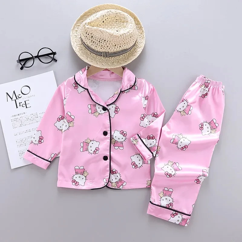 Girls Satin Pajama Set Children Spring Lapel Neck Long Sleeve Sanrio Hello Kitty Print Top+Trousers 2Pcs Kids Minnie Sleepwear