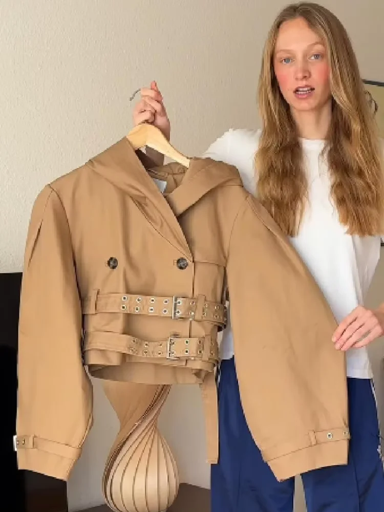 

Осенний плащ в стиле панк для женщин, свободное укороченное пальто с длинными рукавами и капюшоном, длинные пальто с лацканами и рукавами «летучая мышь», 2025, новинка, женская осенняя верхняя одежда Y2k