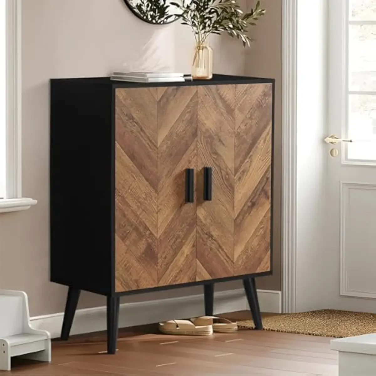 Storage Unit with Two Adjustable Shelves and Concealed Doors, Versatile Herringbone-Textured Engineered Wood Cabinet for Dining