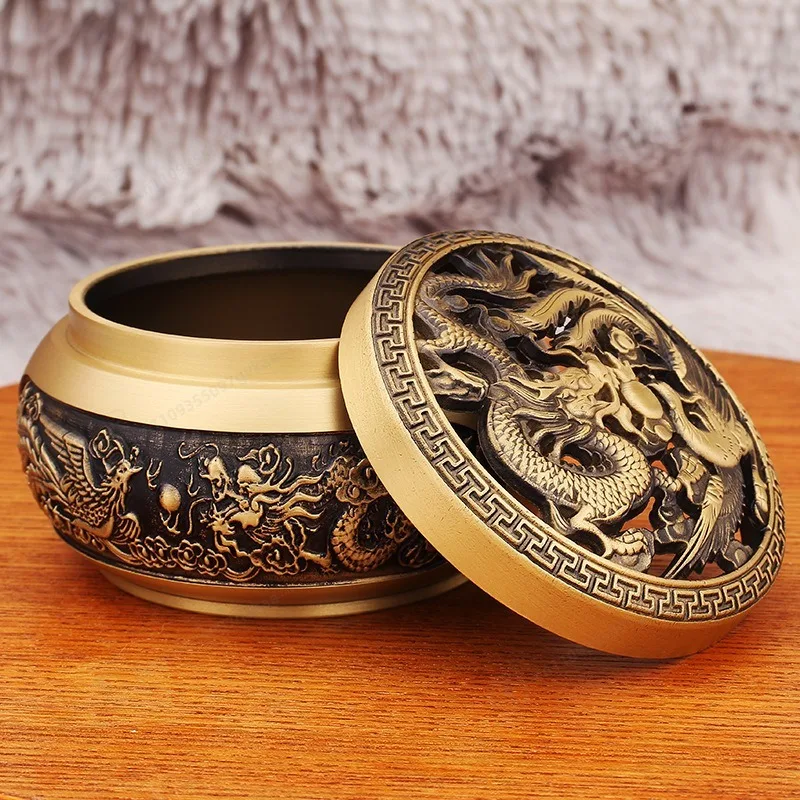 

Brass Relief Dragon and Phoenix Incense Burner Home Living Room Desktop Decoration with Lid Plate Aromatherapy Custom Metal