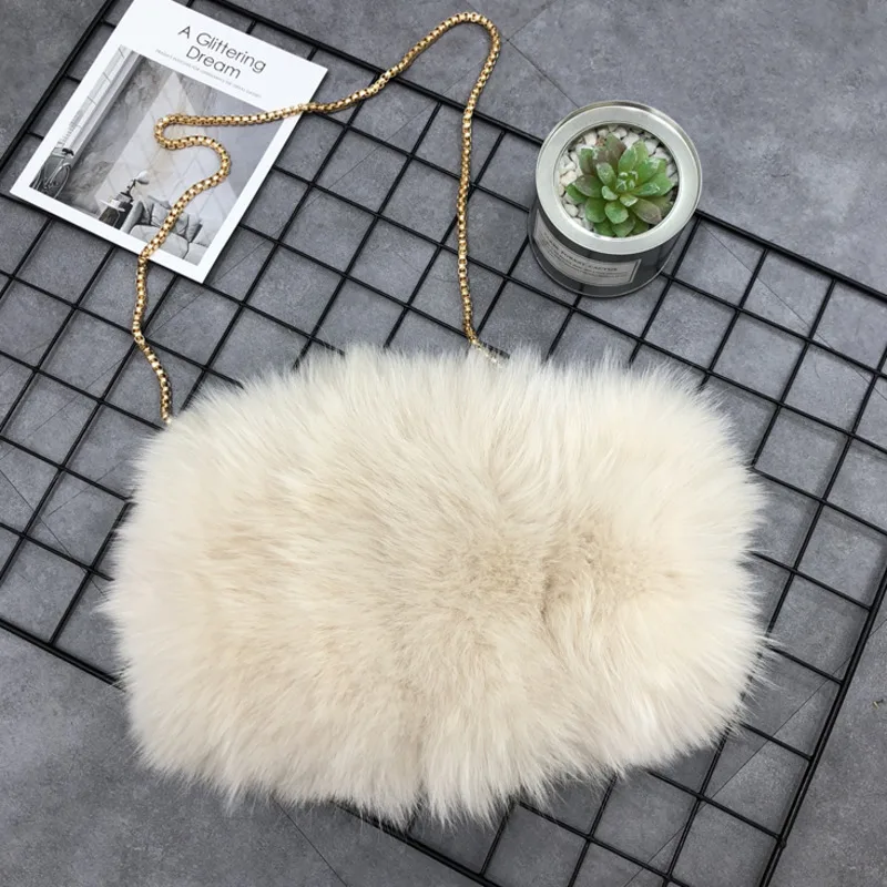 Winter Fox Fur Bag With Chain Natural Fox Fur Shoulder Bags For Women Luxury Fur Handbag Large Clutch Bag Female Winter Hand Bag