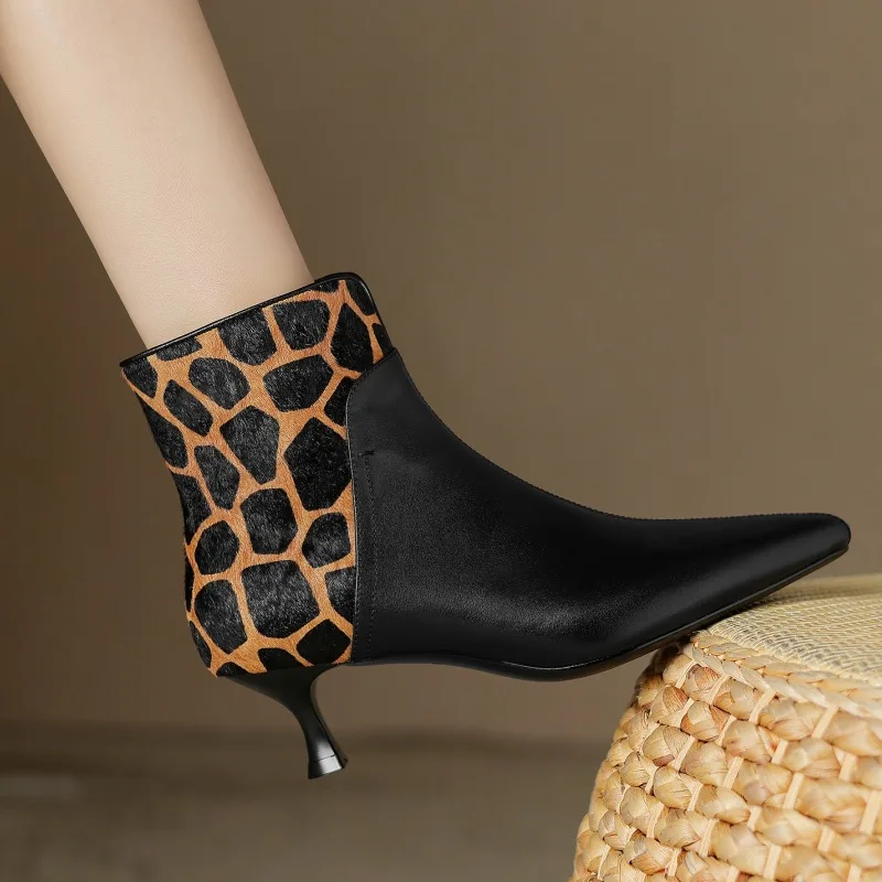 

2023Cowhide Pointed Tip Slim Thin Heel Short Boots for Women'sZipper Color Block Leopard Pattern Fashion Spicy Mom Fashion Boots