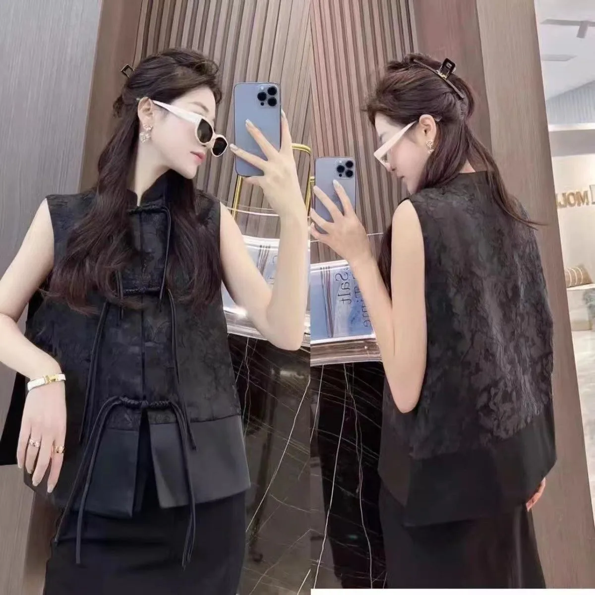 Spring New Chinese Style Retro Tassel Vests Splicing Plate Buckle Chinese Western Style Black Vest Women Sleeveless Waistcoat