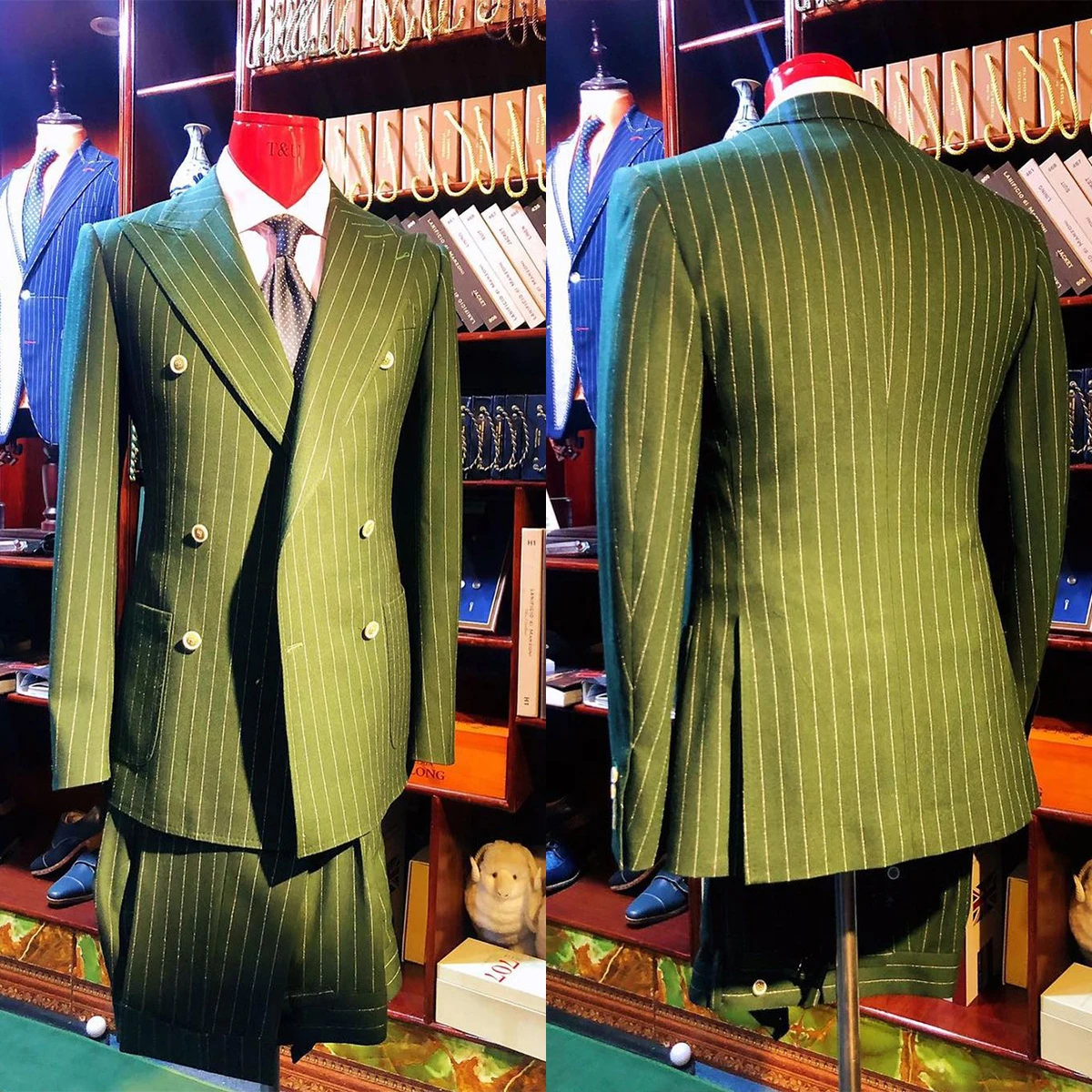 Green Men Suits2 Pieces Blazer Pants Double Breasted Wide Lapel Pinstripe ModernMen's Tuxedo Wedding Formal Work Causal Tailored