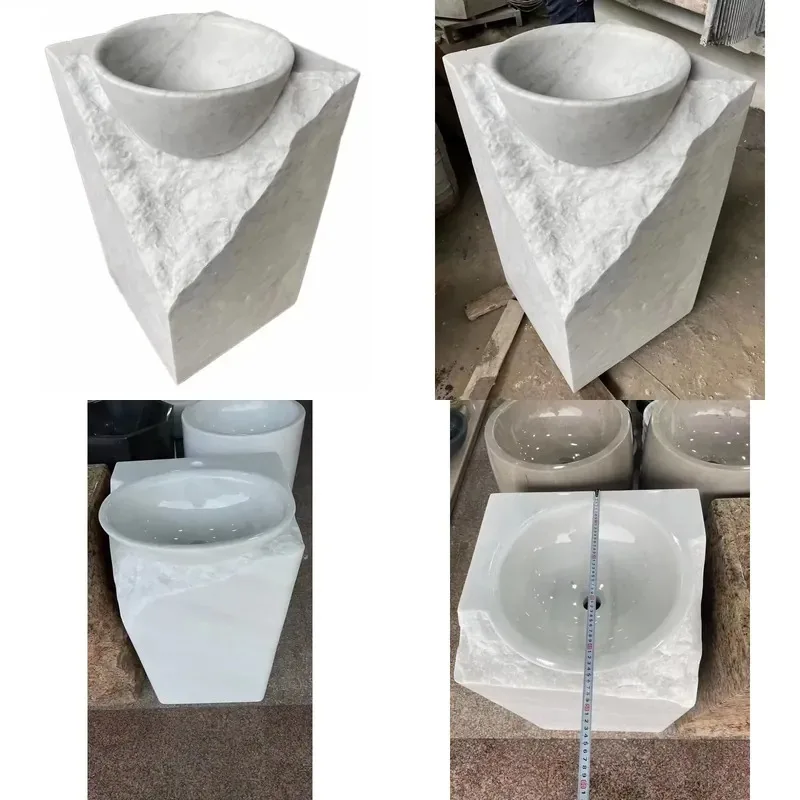 Modern Freestanding Pedestal Sink Solid Italian Carrara White Marble Art Basin Bathroom Washbasin Stone Rough Integrated
