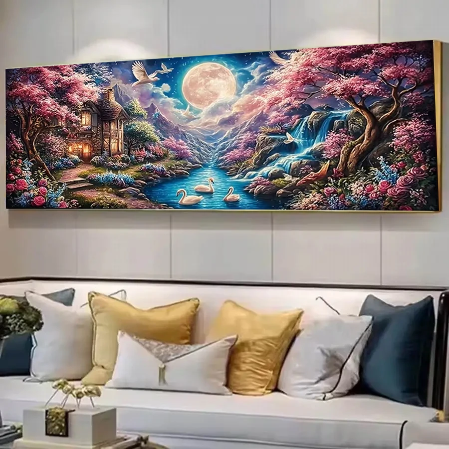 DIY Diamond Painting Moonlight Cherry Blossom Cottage Stream Swan 5D Full Square Round Diamond Mosaic Embroidery Kit Large Size
