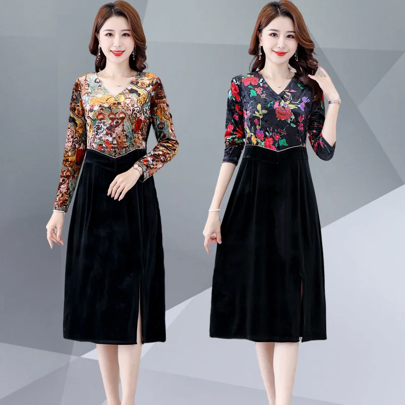 Faionable المخملية طويلة Sve Dr للنساء الأكبر سنا منتصف الخريف جديد Sle العرقية Sle تنورة V Ne فضفاضة تناسب مادة البوليستر #1