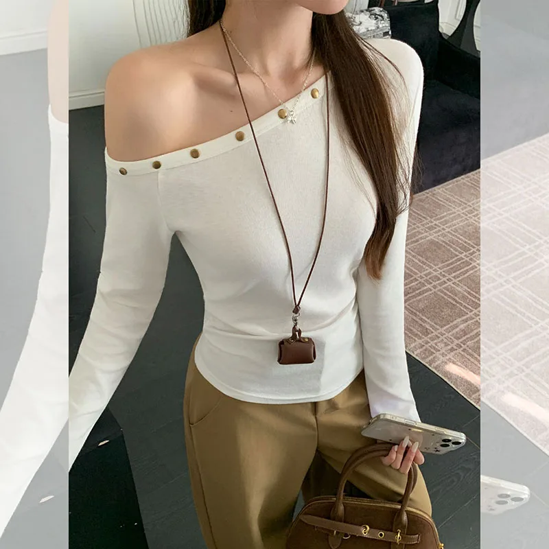 

Korean Sexy Slanted Shoulder White Long Sleeved T-shirt for Women's Spring Autumn New Style Off Shoulder Slim Fit Base Top S343