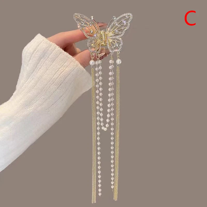 New Crystal Rhinestone Butterfly Pearl Tassel Hairpin Korean Simple Side Clip Liu Hai Clip Shark Hairpin Hair Accessories Women