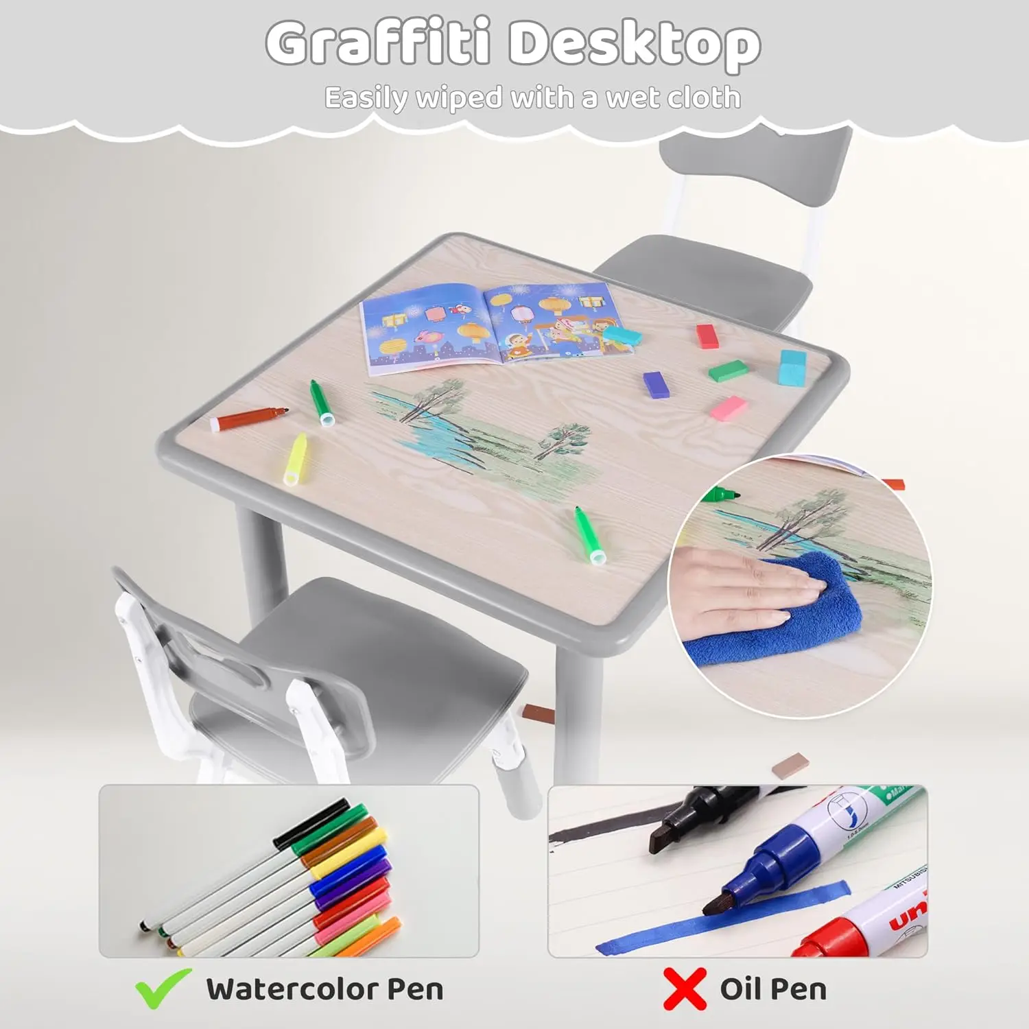 キッズテーブルと椅子2脚セット、高さ調節可能（17.7インチ～26.1インチ）幼児用テーブルと椅子セット、マルチアクティビティテーブル、落書きデスクトップ