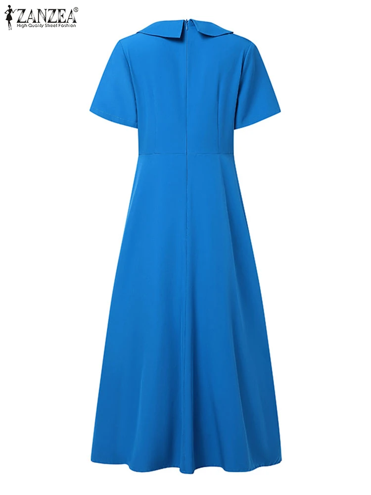 ZANZEA 2025, Mode Sommer Kleid Frauen Elegante Kurzarm Arbeit OL Vestidos Solide Plissee Kleider Stilvolle Bogen Party Sommerkleid