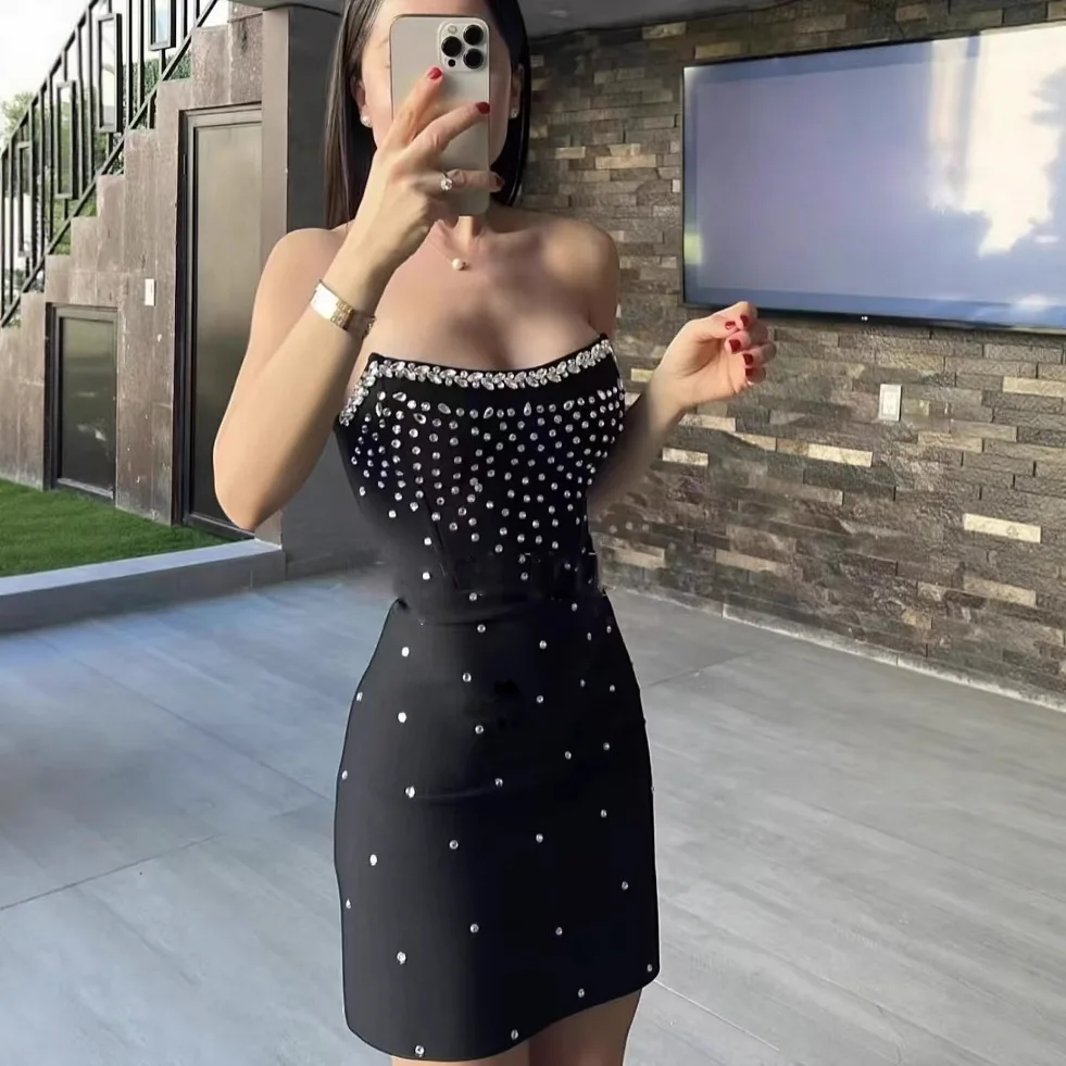 

Luxury Women's Birthday Dress Hourglass-shaped Tube Top Black Red Bandage Short Dresses Elegant Party Dresses Cocktail Dress