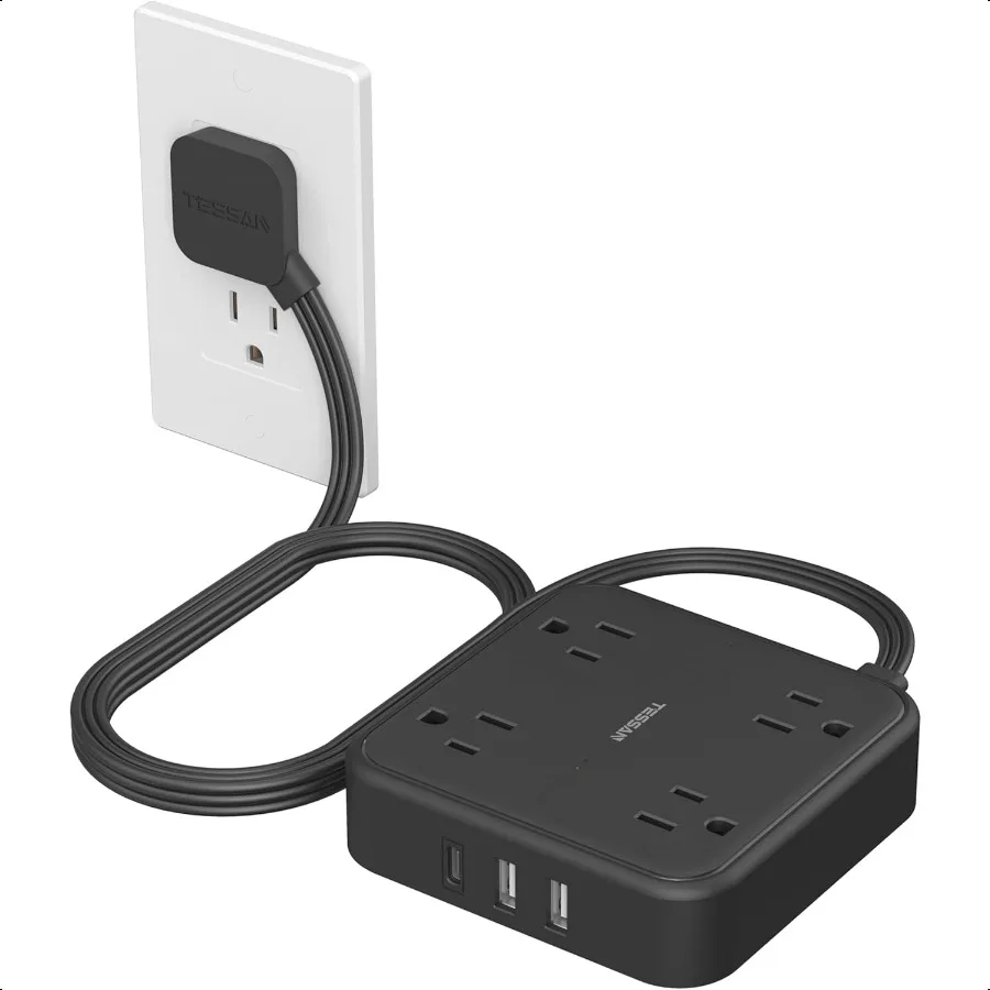 

Плоский удлинитель с защитой от перенапряжения 5 футов TAN Плоская вилка Удлинитель с 4 розетками 3 порта USB C 1 USB C 900 Защита джоймов Mu