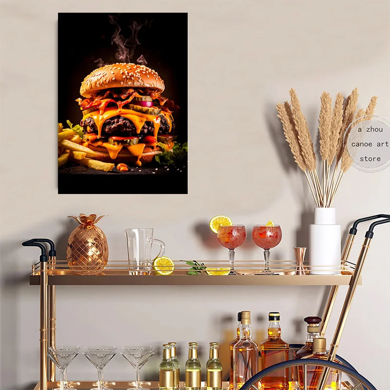 Vintage Food Pizza with Wine Ramen Steak with Fries Art Poster Canvas Painting Wall Prints Picture for Living Room Home Decor
