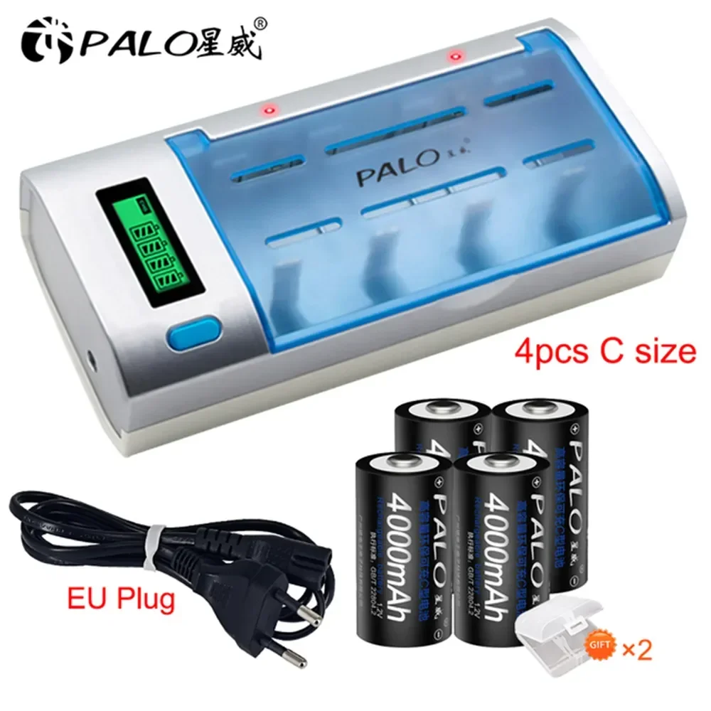 PALO LR14 C bateria ogniwowa rozmiar C akumulator 1.2V 4000mAh NI-MH + inteligentna szybka ładowanie LCD ładowarka do AA AAA C D 9V