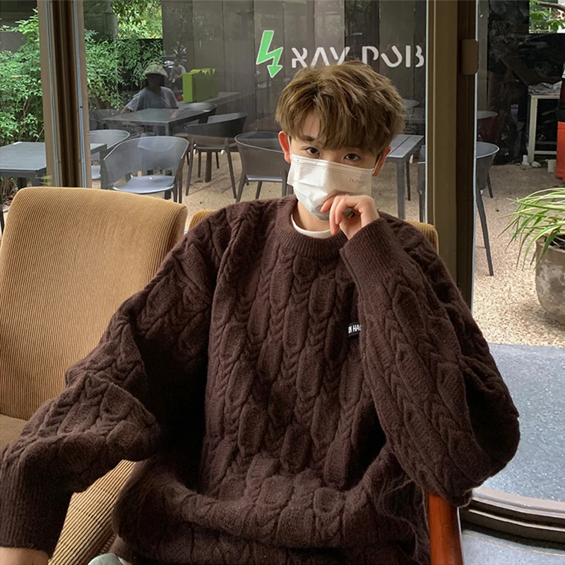 

Thiened Knitted Men's Sweater Coffee Twist round Ne Winter Outerwear Casual Sle American Retro Sle Winter Coat