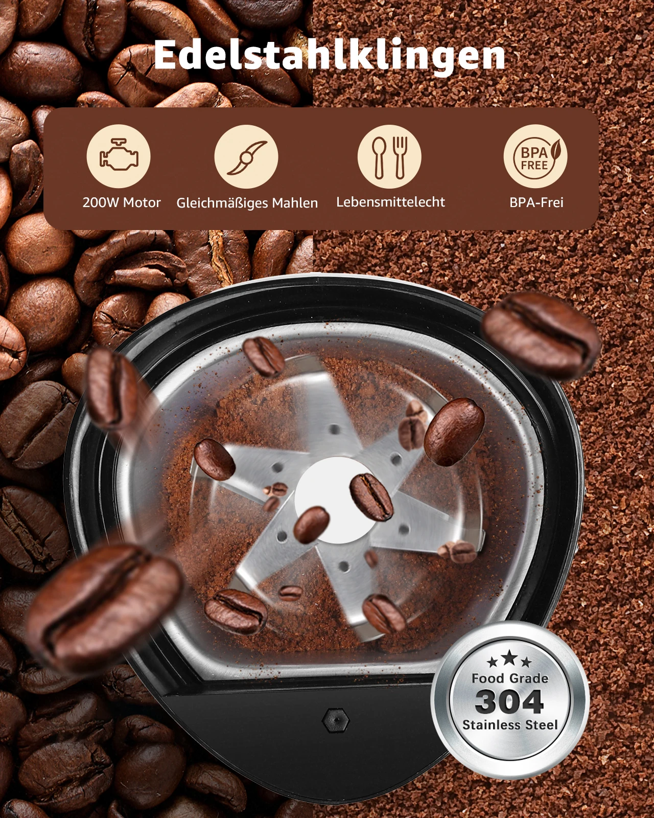 Aigostar Kaffeemühle Elektrisch Gewürzmühle Kaffee Mühle für Kaffeebohnen, Getreide, Gewürze und Nüsse, Edelstahl Schlagmesser, 60g Bohnenbehälter, Elektrische Propellermühlen,150 Watt, Schwarz – Bild 4