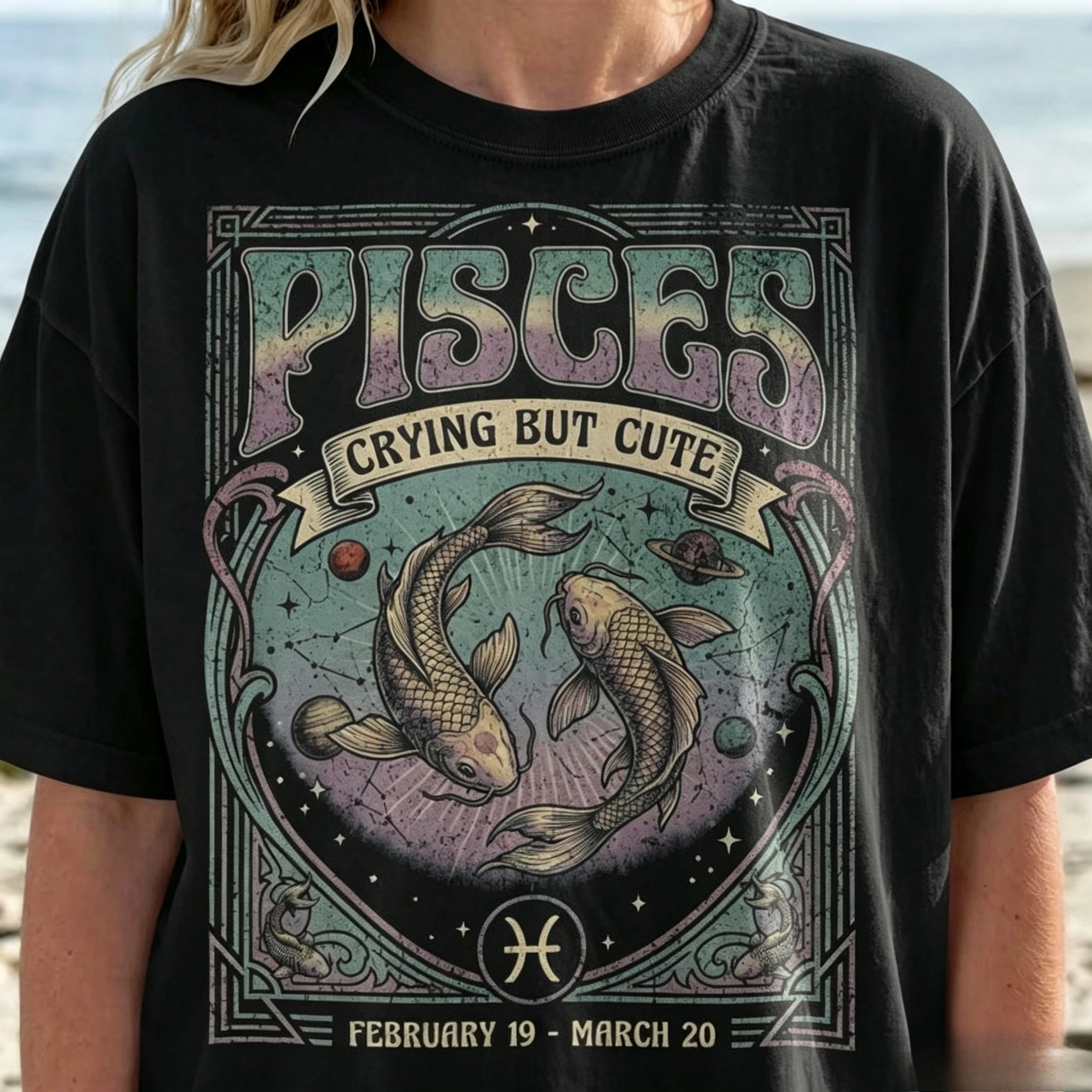 Vintage Pisces Crying But Cute Graphic T Shirt Women Zodiac Sign Horoscope Print Tee Harajuku Streetwear Cotton Short Sleeve Top