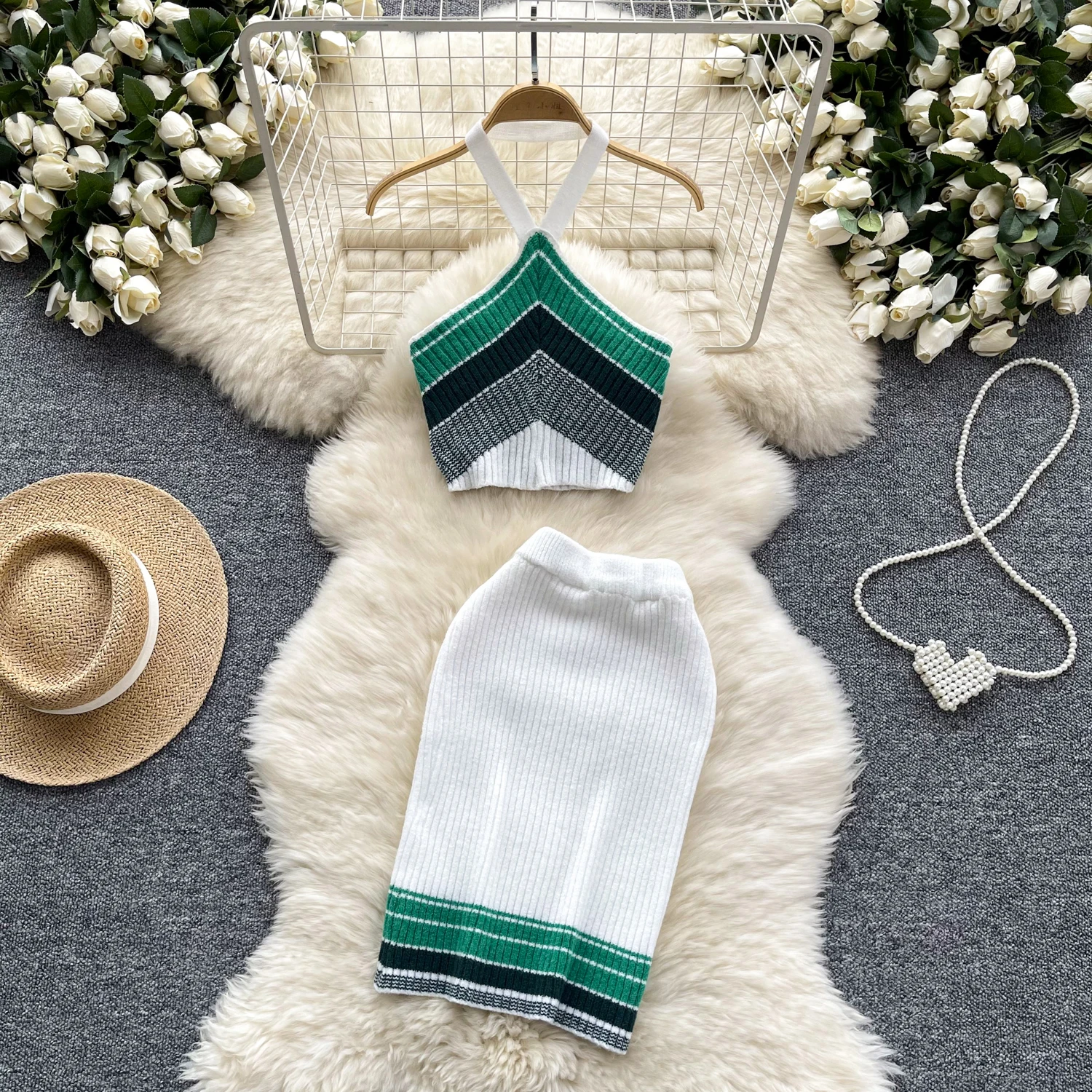 

American Summer Style Color Contrast Knitted 2 Pieces Sets Sexy Halter Short Camis Vest Top&Pencil Mini Skirt Women 2pc Suits