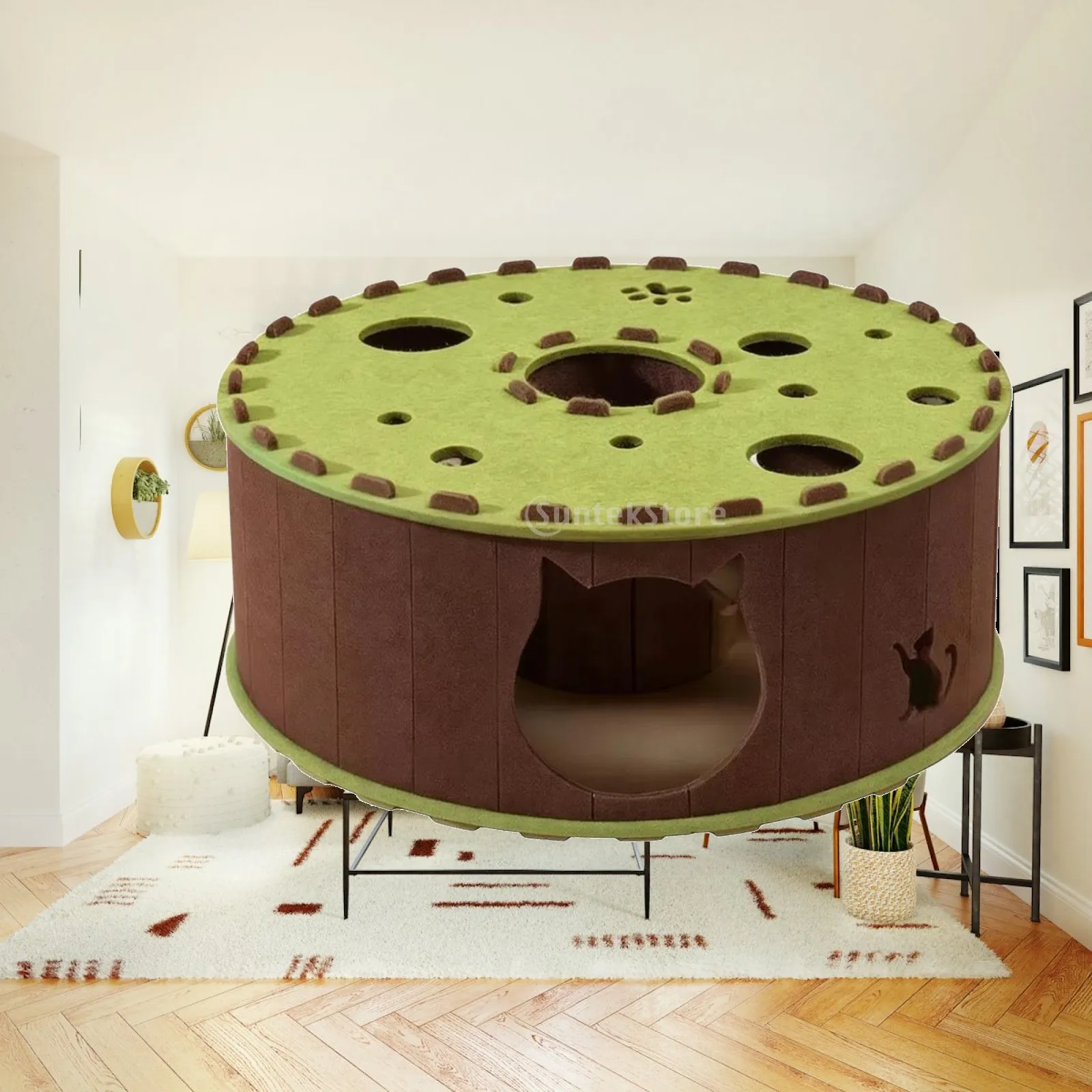 Cat Cave Bed with Tunnel for Cats Indoor Felt Hideaway House for Napping Hiding Interactive Fun