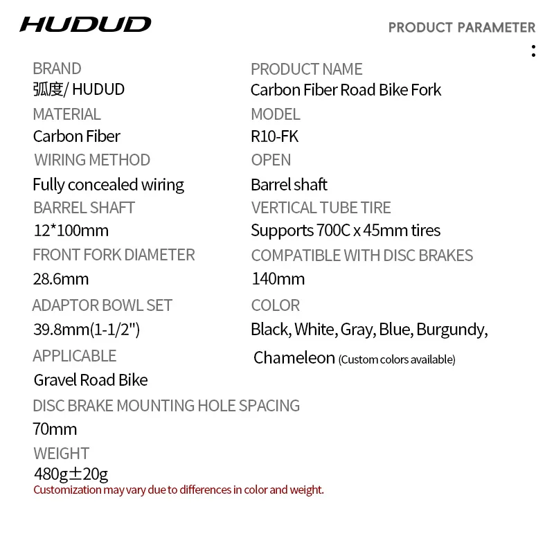 HUDUD Carbonfaser-Rennrad Gravel 700C Konisches Steuerrohr Rennrad Farbe anpassbar Gabel