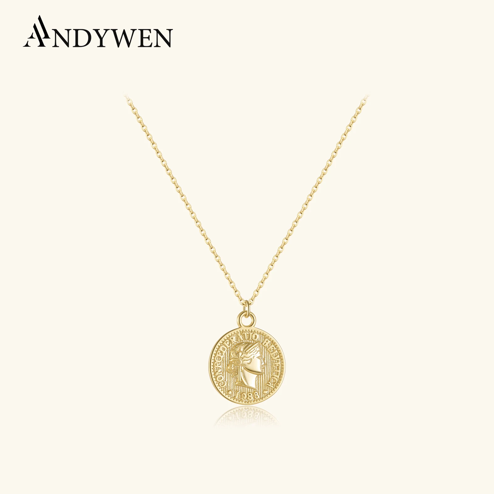 

ANDYWEN 925 Sterling Silver Gold Coins Pendant Queen Long Chain Necklace 2021 Fashion Fine Jewelry Gift Women Styels Spring
