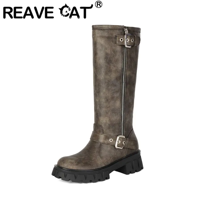 REAVE CAT Brown Women Knee High Boots Round Toe 5cm Thick Heel Zipper Belt Buckle Large Size 41 42 43 Leisure Retro Long Botas