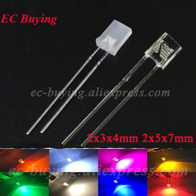 10-100 sztuk kwadratowych ultra jasnych diod LED 2*3*4mm 2*5*7mm przezroczysta lampa z diodami rozproszonymi światłem 2x3x4mm niebieski czerwony żółty biały
