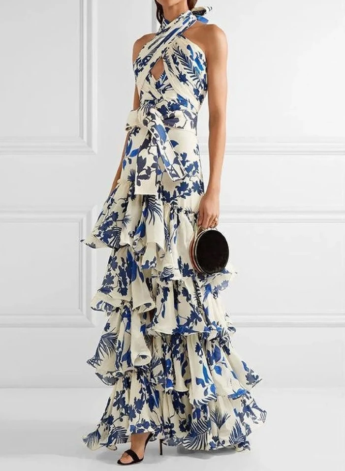 

Womens Dress Elegant Floral Printed Sleeveless Cross Halter Off Shoulder Hollow Out Ruched Tie Details Layered Ruffle Maxi Dress