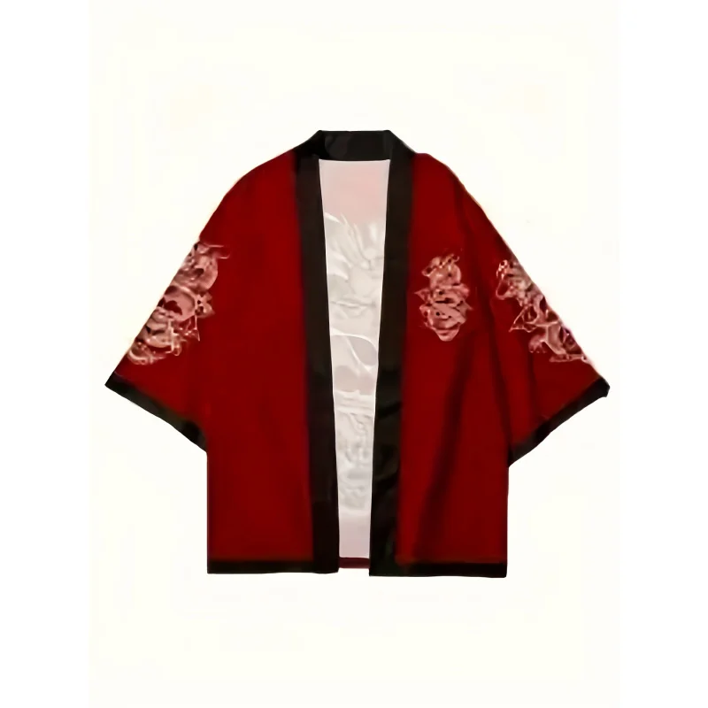 سترة كيمونو مطبوعة بالتنين الأحمر، نمط صيفي كاجوال، كيب Ukiyoe، Harajuku Haori، كيمونو مطبوع رقميًا ثلاثي الأبعاد #6