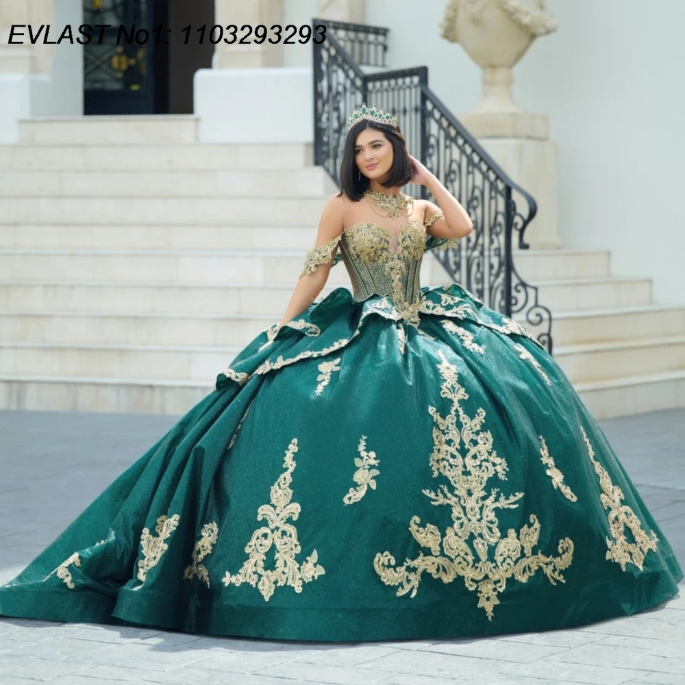 

EVLAST индивидуальное зеленое бальное платье 2026, платье Quinceanera, золотое кружевное платье с аппликацией и бисером, многоуровневое милое платье 16, Vestidos De 15 Anos E1QN333