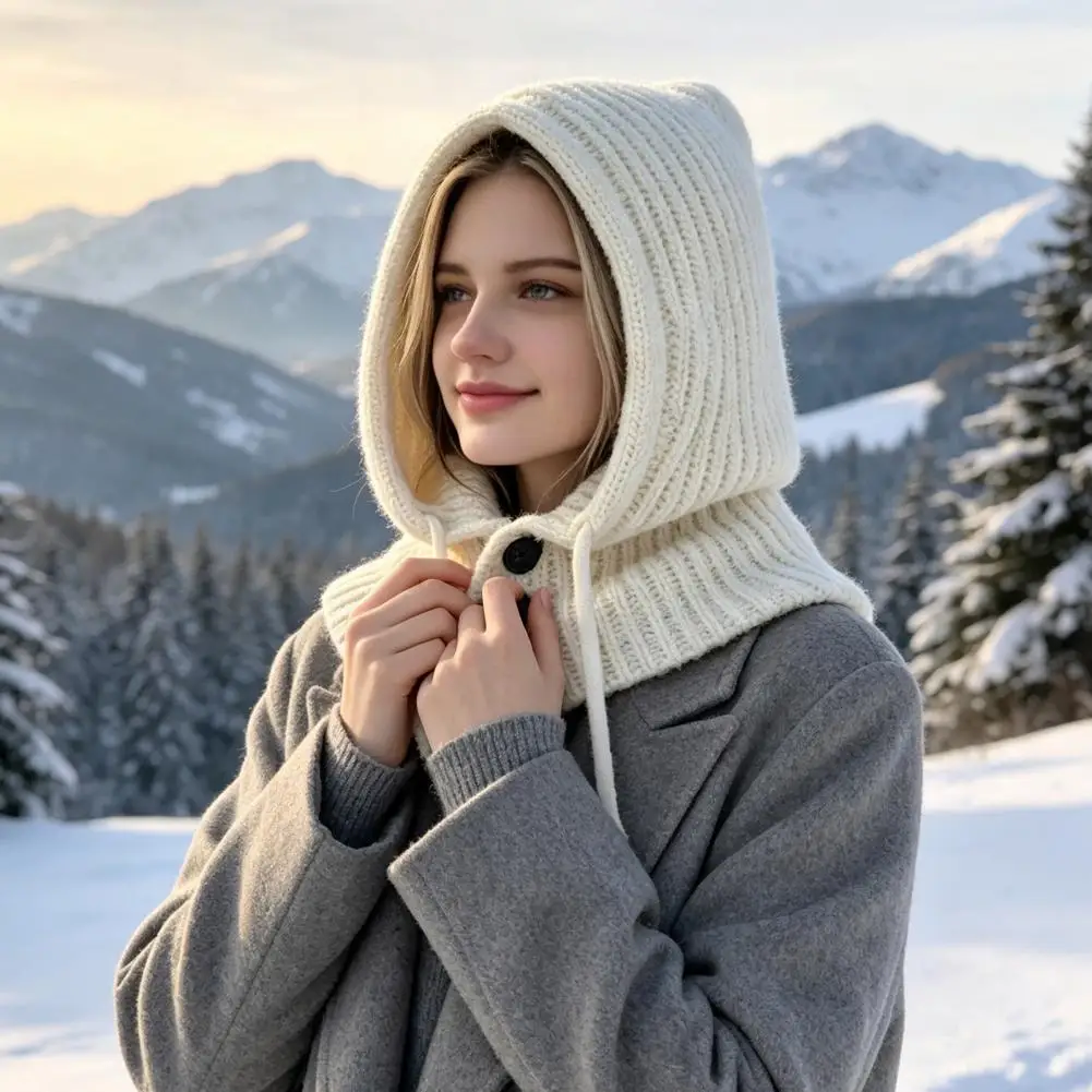 Solid Color Hat Women’s Winter Hooded Scarf Hat Knit Pullover Balaclava with Adjustable Drawstring Warm Neck for Weather