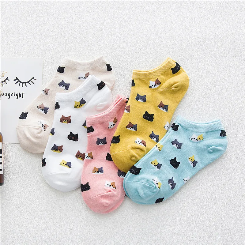 5 Pairs/Set Women's Cat Pattern Cartoon Cute Ankle Socks Breathable Comfty Short Cotton Socks Spring Summer