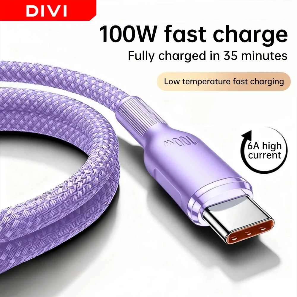 DIVI 100W USB C Cable 6A Super Fast Charging Cable Data Cord For iPhone 17 16 Samsung Xiaomi Huawei 