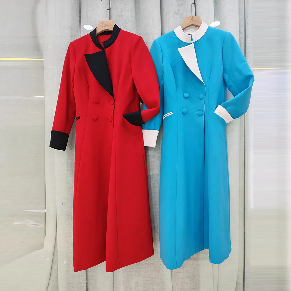 كيت ستايل خمر خندق معطف التباين اللون التلبيب مزدوجة زر جيوب غير المتماثلة معطف المرأة الخريف موضة جديدة #5