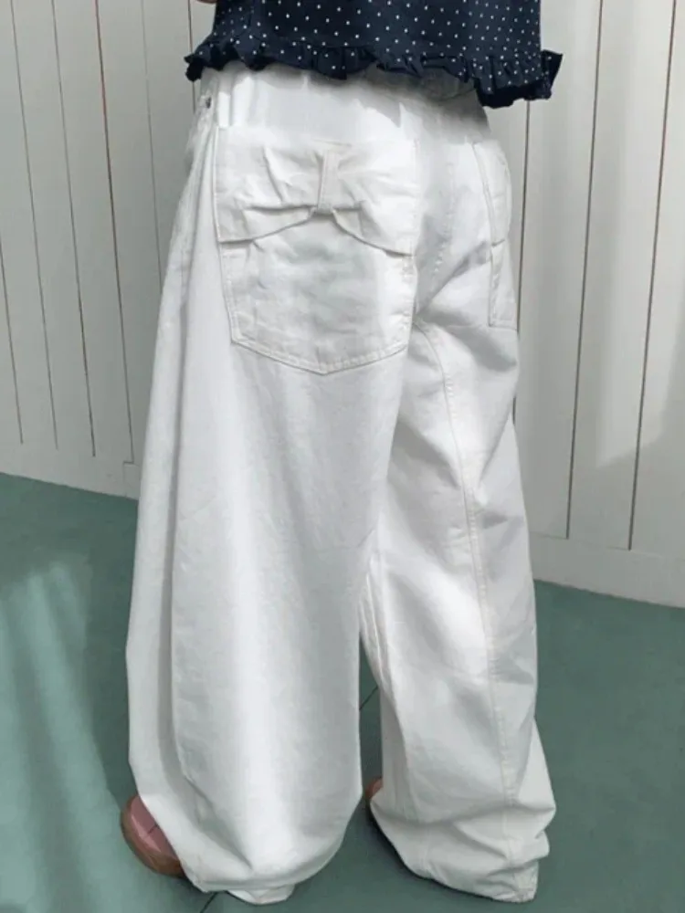 Pantaloni in denim a vita alta fatti a mano con papillon Ba ket Silhouette Jeans da donna larghi in puro colore Primavera Autunno