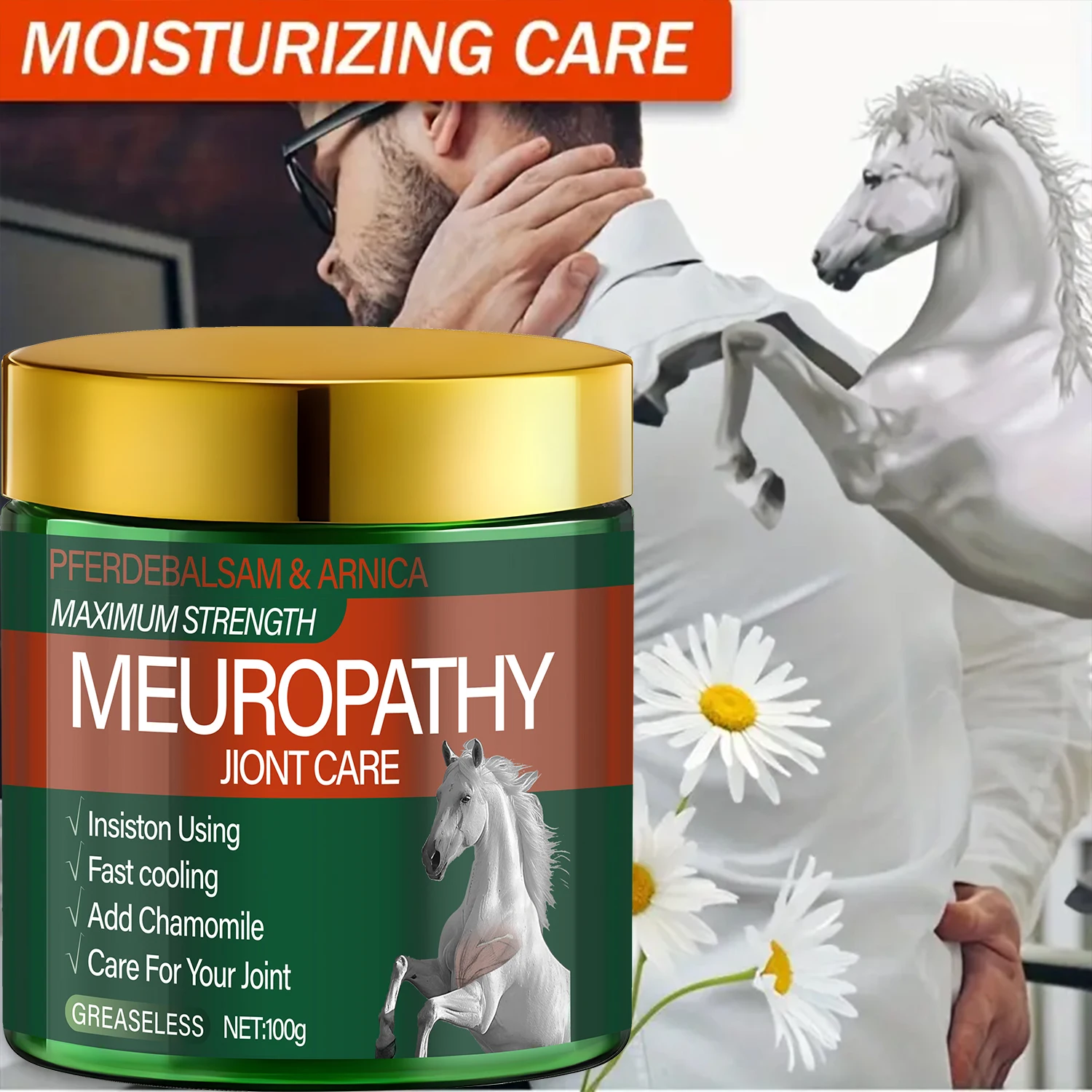 Pferdebalsam Arnica Cuidado de las articulaciones. Fórmula de máxima resistencia. Alivio de enfriamiento rápido sin grasa. Alivio de neuropatía. 100 g de red.