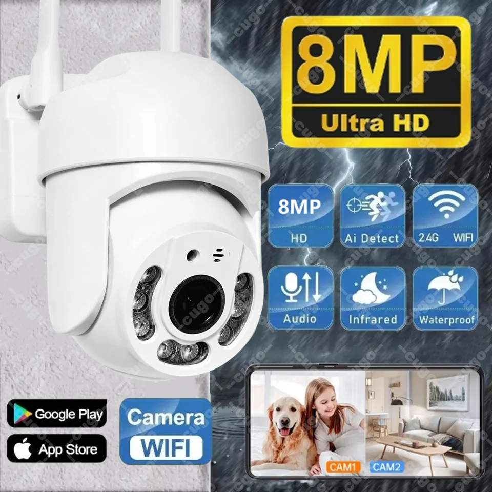 

8-мегапиксельная IP-камера Wi-Fi, беспроводная PTZ-камера безопасности, уличная AI-обнаружение человека, аудио, ночное видение, 10-кратный зум, двусторонняя аудиокамера видеонаблюдения