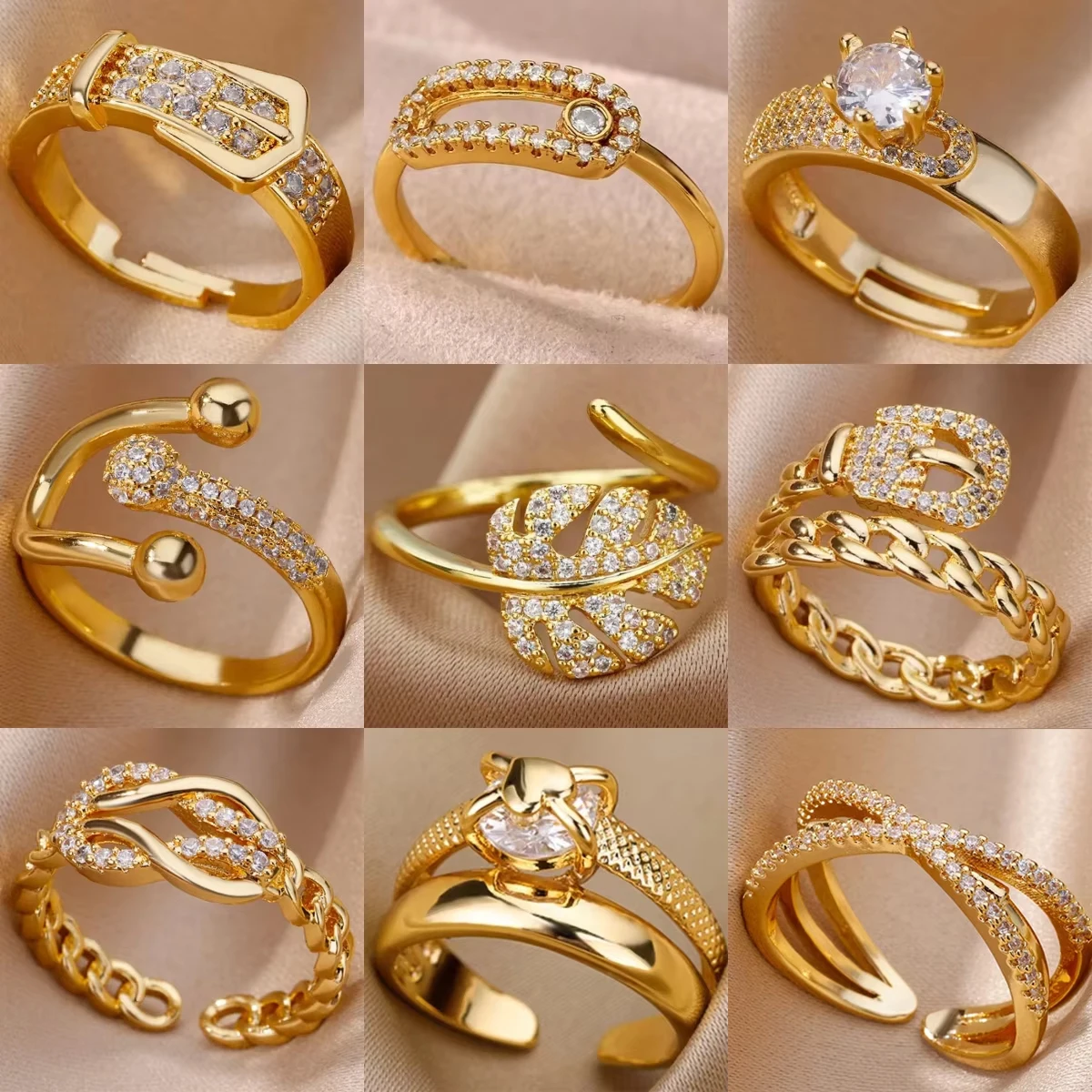 Anillos de cristal de acero inoxidable chapados en oro para mujer, cadena geométrica, anillo de dedo de circón, joyería de regalo, anillos para mujer 2025, nueva moda